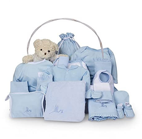 BebeDeParis. Das exklusivste und luxuriöseste Geburtsgeschenk. Ein traumhafter klassischer Korb, gefüllt mit praktischen Produkten für das Baby. Blau. (3-6 Monate)