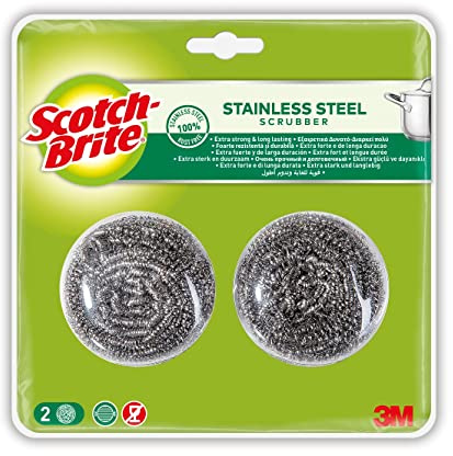 Scotch-Brite Spugna abrasiva a spirale in acciaio inox, ideale per padelle in ghisa, pulizia dura, pulizia dura, cucina, garage, esterni, confezione da 2 pezzi