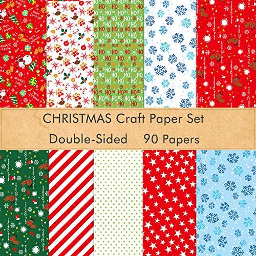 FEPITO 90 Blatt Weihnachtsmusterpapier Set, 14 x 21 cm Dekorpapier für DIY Sammelalbum Karte zum Dekorieren, 10 Designs