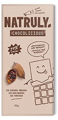 NATRULY Tablette de Chocolat sans Sucre et sans Édulcorants. Sucré à la Fibre de Chicorée - Goût Chocolat Noir 72% cacao -85 g