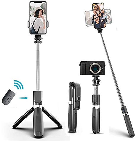 EasyULT Perche Selfie Bluetooth, Trépied Mini Selfie Stick Extensible avec Télécommande, Perche Selfie Trépied pour Smartphone(4-6.2 Zoll) S10 S10+ S9 S8 etc. et Appareil Photo Numériques(Noir)