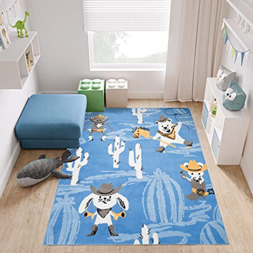 TAPISO Jolly Teppich Kurzflor Kinderzimmer Schlafzimmer Spielmatte Blau Grau Gelb Tiere Western Design 300 x 400 cm