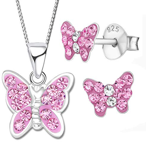 Kinder Mädchen Schmuckset 925 Sterling Silber Zirkonia Schmetterling Ohrringe mit Kette