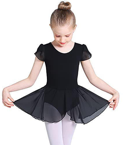 Monbessi Ballet Leotard for Girls Short Sleeve Cross Straps Ballet Dress Kids Cotton Ballet Outfit Gymnastics Leotard with Chiffon Skirt Suit for 2-11 Years (150 (140-150cm,9-11 Years), Black)
