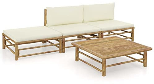 Catherinol 4-TLG. Garten-Lounge-Set mit Cremeweißen Kissen, Paletten Sofa, Palettenmöbel Outdoor, Gartenmöbel Set, Balkonmöbel Set, Gartenlounge, Loungemöbel Terrasse, Sitzgruppe Balkon, Bambus