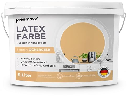 Preismaxx Latexfarbe Ockergelb abwaschbar hohe Deckkraft Wandfarbe matt 5l | Abwischbar Küche, Bad, Flur, Treppenhaus Kinderzimmer, strapazierfähig, flecken entfernen leicht zu reinigen hohe Deckkraft