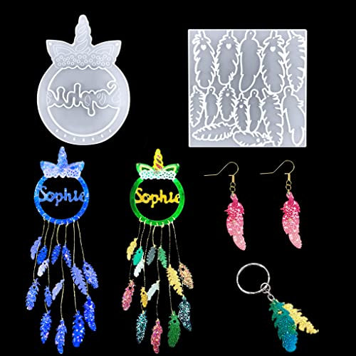FineInno Molde Resina Atrapasueños de Unicornio, Molde Silicona Atrapasueños de Pluma, Molde Epoxi de Dream Catcher para Bricolaje de Joyería Colgante (Molde Atrapasueños)