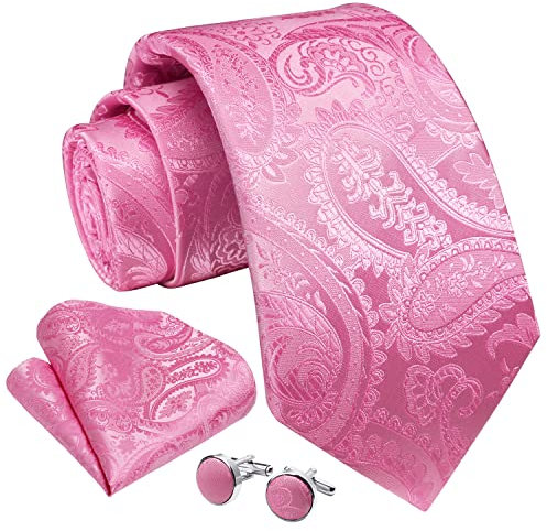 Enlision Men's Ties Pink Paisley Woven Tie Handkerchief Cufflinks Set for Wedding Party Formal