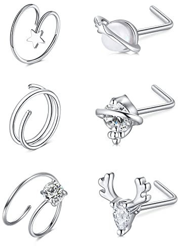 Briana Williams 6stk 20G Silber Nasenringe Hoop Nasenstecker L-förmig Nasenpiercing Edelstahl Herz Saturn Helix Cartilage Ohrringe