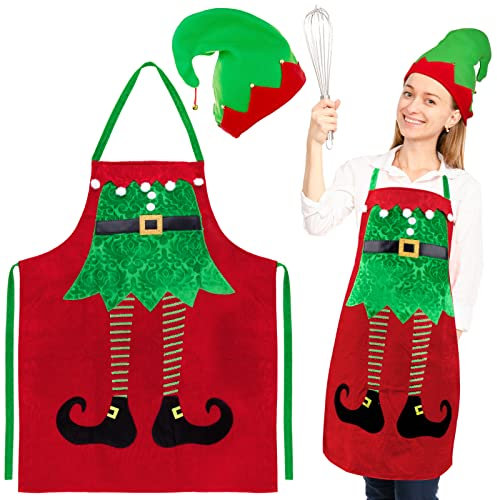 BETESSIN Weihnachtsschürze Rot Weihnachten Elfen Schürze mit Elfenmütze Polyester Kochschürze mit Taschen Wichtel Kostüm Damen und Herren Karneval Fasching Kostümparty usw.