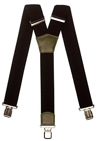 Olata Extra Breite Herren Hosenträger Y-Form in Schwarz mit Farbigem Leder – 5 cm. Olivgrün (Silber Clips)