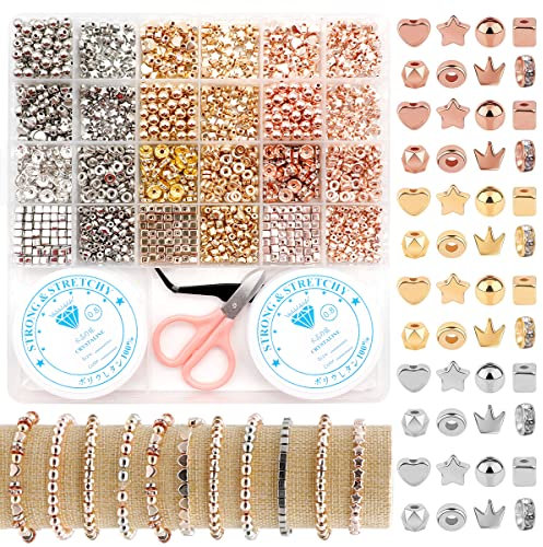 1744 Stück 4mm 6mm Perlen zum Auffädeln, 8 Stile Abstandsperlen, Runde Flache Gold Pennarello per Tessuti Lose Stopper Perlen für Armband Halskette DIY Schmuckherstellung Zubehör