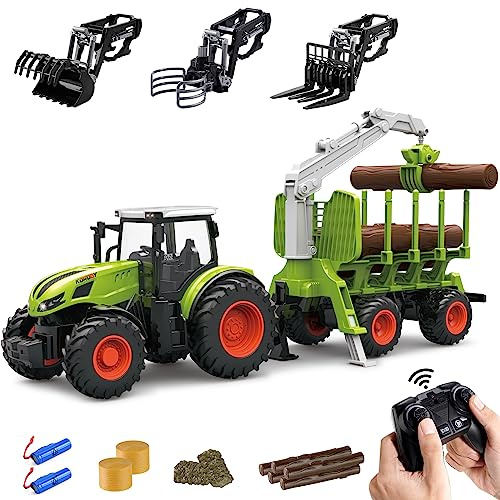 Leopmase Remote Control Tractor Farm Playset 2.4Ghz Electronic RC Tractor with Trailer and Timber Truck, Farm Toys Set with Wood Grabber Multifunctional headers Farmers for Kids Age 3 4 5 6 Years Old