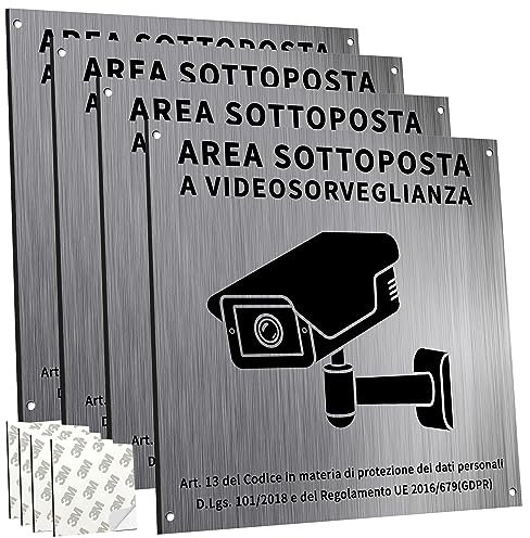 Cartello Area Videosorvegliata Alluminio Spazzolato con Avviso GDPR, 4 Pezzi Cartello Videosorveglianza, 15x15cm, Fori Preforati, Impermeabile, per Casa e Negozio, Interno ed Esterno