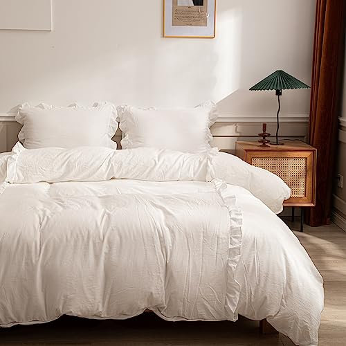 Sedefen Rüschen Bettwäsche Set 155 x 220cm 2teilig Weiß Unifarben Romantische Rüschenbettwäsche Set Rüschen Fransen Dekor Weich Mikrofaser Bettbezug Set mit Reißverschluss und 1 Kissenbezug 80x80cm
