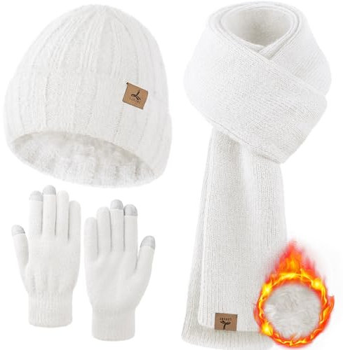 Wintermütze, Schal, Handschuhe, warme Fleece-Strickmütze, langer Schal, Nackenwärmer, Touchscreen, Winterhandschuhe, Set, Geschenke für Frauen, Weiss/opulenter Garten, 5 1/8-7 7/8