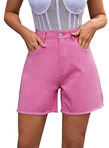 Bermuda en jean taille haute pour femme, coupe ajustée, jambe droite, ourlet brut effiloché, short en jean solide, pantalon court d'été chaud, confortable, extensible avec poches, rose, L