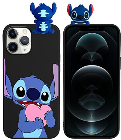 LYUBFDC Cartonn Anime Handyhülle für iPhone 11 Hülle 6,1, Cartonn Stitch 3D Puppe Cute Love Heart Motiv Muster Weich TPU Silikon Stoßfest Schwarz Case Schutzhülle für Junge Mädchen Kind Teenager