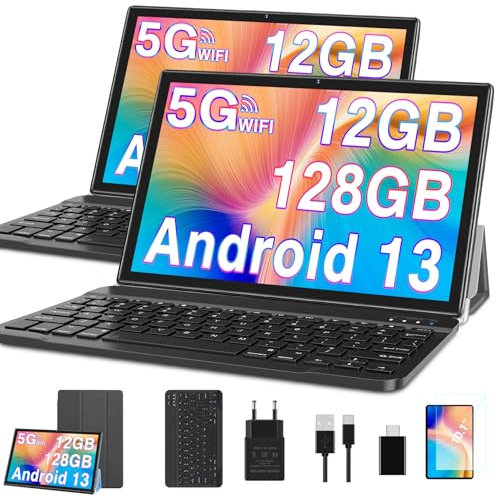 GOODTEL Tablet 10 Pollici | Android 13 | 12GB RAM 128GB ROM(1TB TF) | Octa-Core | WiFi 5G | GPS | FHD | Bluetooth5.0 | 8MP+5MP | Tipo C | OTG | Cast | Tablet PC con Custodia, Tastiera e Mouse - Grigio