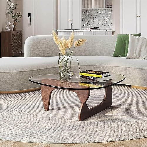 Dreieckiger Couchtisch aus Glas, moderner Beistelltisch, Massivholzsockel und Tischplatte aus gehärtetem Glas, für Wohnzimmer, Balkon, Terrasse, Büro, B 90,9 x 64,8 x 40,6 cm