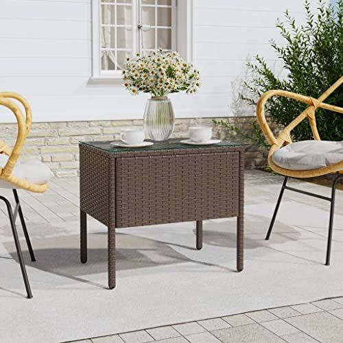 FIRBNUS Mesita marrón 53 x 37 x 48 cm polirratán y cristal templado mesa baja mesa de jardín mesa exterior muebles de exterior mesa cristal mesa salón cristal mesa de cristal