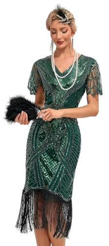 Viloree VILOREE 1920s Kleid Damen Flapper Charleston Kleid Gatsby Pailletten Cocktail Abschlussballkleid Party Kostüm Kleid Grün (55) M