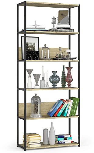 AKORD Bücherregal mit 6 Ablagen 80cm breit | Industrial/Loft-Style | Offen | Skelettbauweise | Standregal | Holz/Metall | Für Küche Schlafzimmer Büro | Regal mit Metallrahmen | Schwarz/Artisach-Eiche