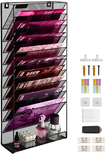 ideallife 11 Fächer Zeitschriften Wandhalter aus Metall, Zeitschriftenhalter Wand, Prospektspenderset und Wandablagefächer für Büro Organizer & Ablage, Schwarz