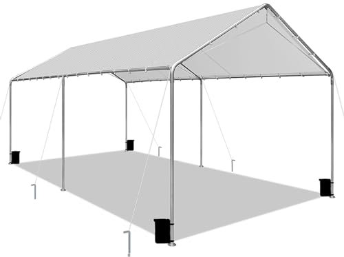 Tettoia per auto in metallo resistente, 3 x 6 m, facile da montare, con cavi in acciaio rinforzato, per garage portatile per auto, tenda per barca, grigio chiaro