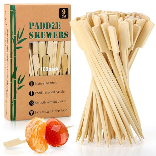 Aodaer 100 Pieces Bamboo Paddle Skewers 9CM Natural Wooden Cocktail Sticks BBQ Skewers Food Picks for Barbeque, Kebabs, Cocktails Buffet Party