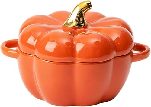 Cute Pumpkin Bowl Set, Pumpkin Ceramic Bowl with Lid and Handle, Covered Dutch Oven Ceramic Stockpot, Decor Dinnerware for Halloween Thanksgiving Pumpkin Party (Orange)