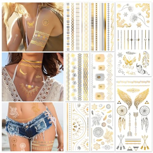 HOWAF 8 fogli di tatuaggi temporanei metallici, tatuaggi dorati, tatuaggi temporanei per adulti, impermeabili, per festival, per donne e ragazze