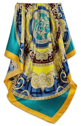 Seidenschal Damen Elegante 90x90cm Seidentuch Haare Seidentuch Damen Halstuch Damen Seide Elegant Satintuch Halstuch Seide Damen Bandana Tuch Kopftücher Damen Ansatz Scarf (Mäander Blau Gelb)