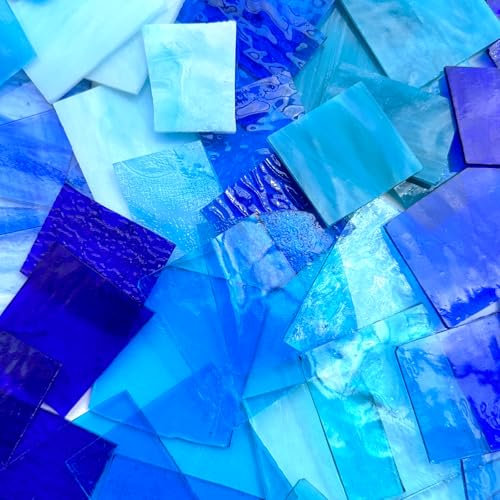 ILLUCKAI 1 kg blaue gemischte Buntglas-Schrotte, unregelmäßige Buntglasscheiben zum Basteln, Mosaikstücke, Fliesen für Mosaikprojekte und Heimdekoration