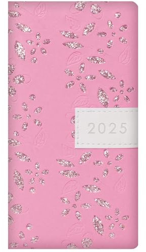 Terminplaner 2025, stilvolles rosa Glitzer-Blumendesign, schmal, weicher Einband, Wochenansicht