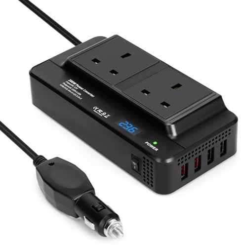 200W Car Power inverter DC 12v to 240v /230V Power Converter 4 USB ports and 2 UK 3-pin Plug Sockets for Laptops, Mobile Phones, Tablets, Car Refrigerators, Business Travel Camping