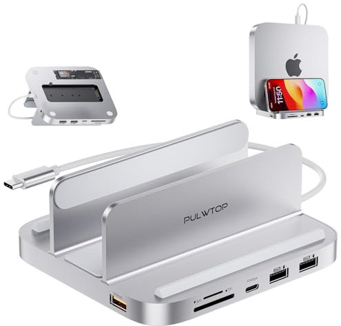 PULWTOP Mac Mini Hub M1 M2 with M.2 SSD Enclosure (NOT for M4 2024), 8-in-1 Vertical Mac Mini Dock Stand with USB A/C 3.2 10Gbps, 2 x USB A 2.0, SD/TF Slots, 3.5mm Audio Mic Jack