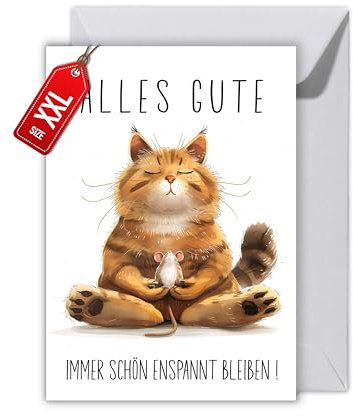 WBdesignz Geburtstagskarte mit Umschlag - Yoga Geburtstag Katze und Maus Alles Gute immer schon enspannt bleiben Lustige Glückwunschkarte (XXL DIN A4)