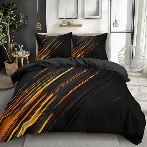 Double Bedding Set Girls Sports Gold Lines Duvet Cover Set 3pcs, Soft Comfy Dark Grey Duvet Cover Breathable Bedding Bed Sets with Pillow Cases, Reversible, Easy Care
