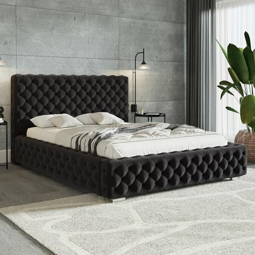 MOTIVENA Dianna Chesterfield Bett 200x200 Schwarz Samt, mit Stauraum, mit Kopfteil, mit Lattenrost, mit Füßen, ohne Matratze, Chesterfield Polsterbett 200x200 mit Bettkasten Schwarz