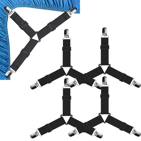 Tokaneit Clip Lenzuola,Clip per Lenzuolo Regolabile,Clip Metallo Fissaggio per Angoli Lenzuola,Tenditore del Telo Regolabile,Tenditore Elastico del Telo,Tenditelo Elastico Triangolare 4 Pezzi Nero