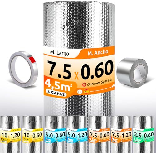 AISLANTE TERMICO MULTIUSOS PREMIUM| Reduce el Frio y el Calor | Rollo Aislante Termico para Ventana, Pared, Suelo, Techo, Coche, Garaje,Camper (7.5x0.6m | 4.5m² con cintas)