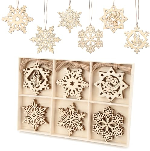 Schneeflocken Holz Weihnachtsbaumschmuck, Holz Weihnachts-Anhänger mit Juteseil, Schneeflocke Christbaumschmuck Anhänger, Traditionelles Hängende Dekoration - 30 Stück, Holzfarbe