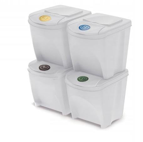 B2C Sorting Bins Recycling Segregation Waste Stackable Lidded with Stickers Dustbins 25L Set (4x 25Litres)