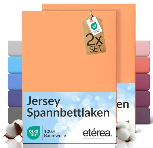 etérea Jersey 2er Set Spannbettlaken 180x200cm - 200x200cm Pfirsich bis 25 cm Höhe - 100% Baumwolle Spannbetttuch Oekotex - Doppelpack Bettlaken 180x200 cm - 200x200 cm - Peach