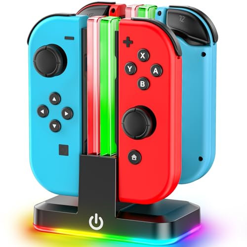 Station de Charge de Manette Switch, Chargeur Joycon avec Lumière RVB, Station de Charge Switch pour 4 manettes Nintendo Switch, Chargeur Joy-Con Switch/OLED, Accessoires Nintendo Switch