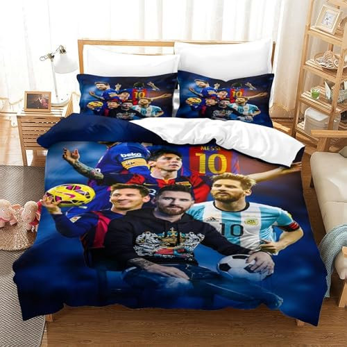 WXLWHR Lionel Messi Bettbezug-Set Weiches Microfaser Bettwäsche 3-TLG. Mit Reißverschluss & Kopfkissenbezug Für Kinder, Jungen Teenager Single（140x200cm）