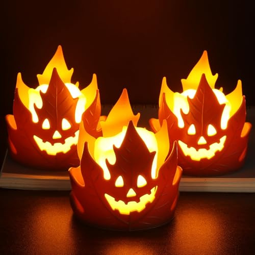 Halloween LED Kerzen, 3Stück Ahornblatt Geister LED Teelichter Halloween Deko Flammenlose Kerze Lichter Batteriebetrieben für Indoor Outdoor Garten Herbst Thanksgiving Atmosphäre Halloweens Party Deko