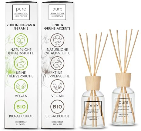 PURE ROOM EDITION 2x100ml Green & Clean Lufterfrischer Bad & Küche Raumduft | frisch, belebend, Deko, Diffuser mit Duftstäbchen, natürliche Inhaltstoffe, tierversuchsfrei, Zitronengras & Pinie