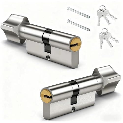 txuzong Zylinderschloss 30/30 (70 mm), 2 Stück Set - Knaufzylinder mit Drehknauf für Einsteckschloss - Inkl. 6 Schlüssel & Schrauben für Haustür, Garage, Silber